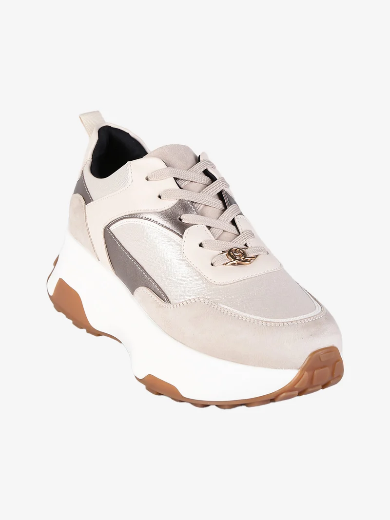 Sneakers donna stringate con platform - beige