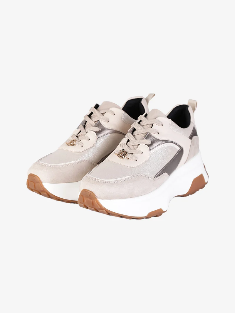 Sneakers donna stringate con platform - beige