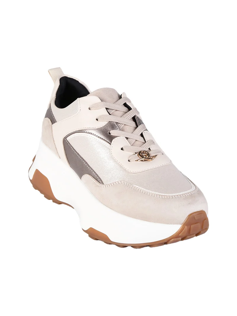 Sneakers donna stringate con platform - beige
