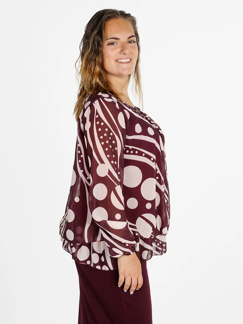 Blusa donna fantasia a maniche lunghe - bordeaux