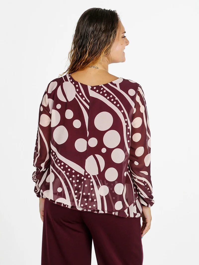 Blusa donna fantasia a maniche lunghe - bordeaux