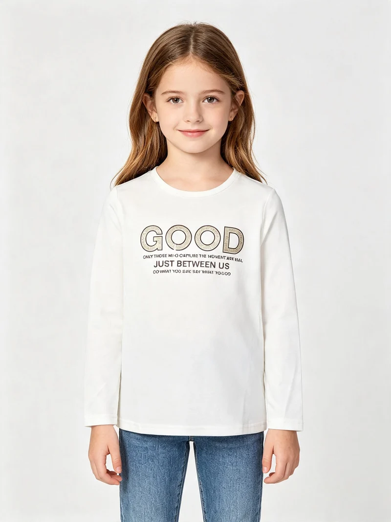 T-shirt da bambina a maniche lunghe con scritta glitter - bianco