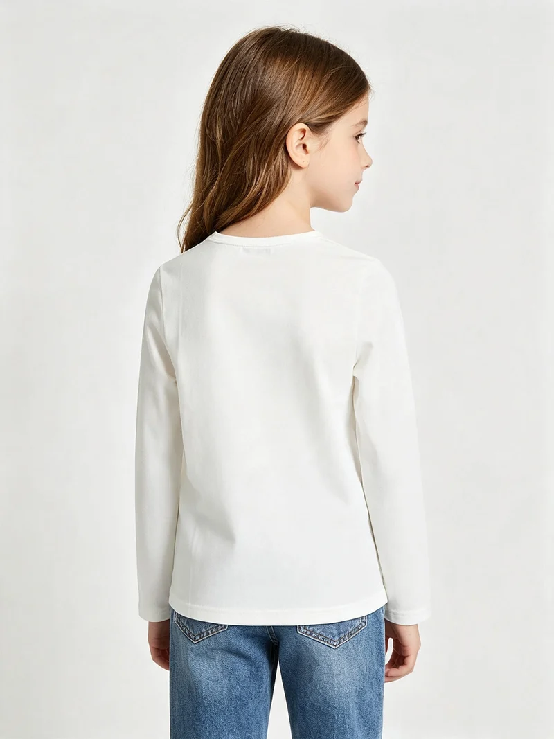 T-shirt da bambina a maniche lunghe con scritta glitter - bianco