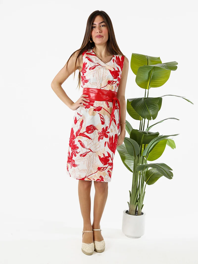 Vestito donna a tubino senza maniche con stampa floreale - rosso