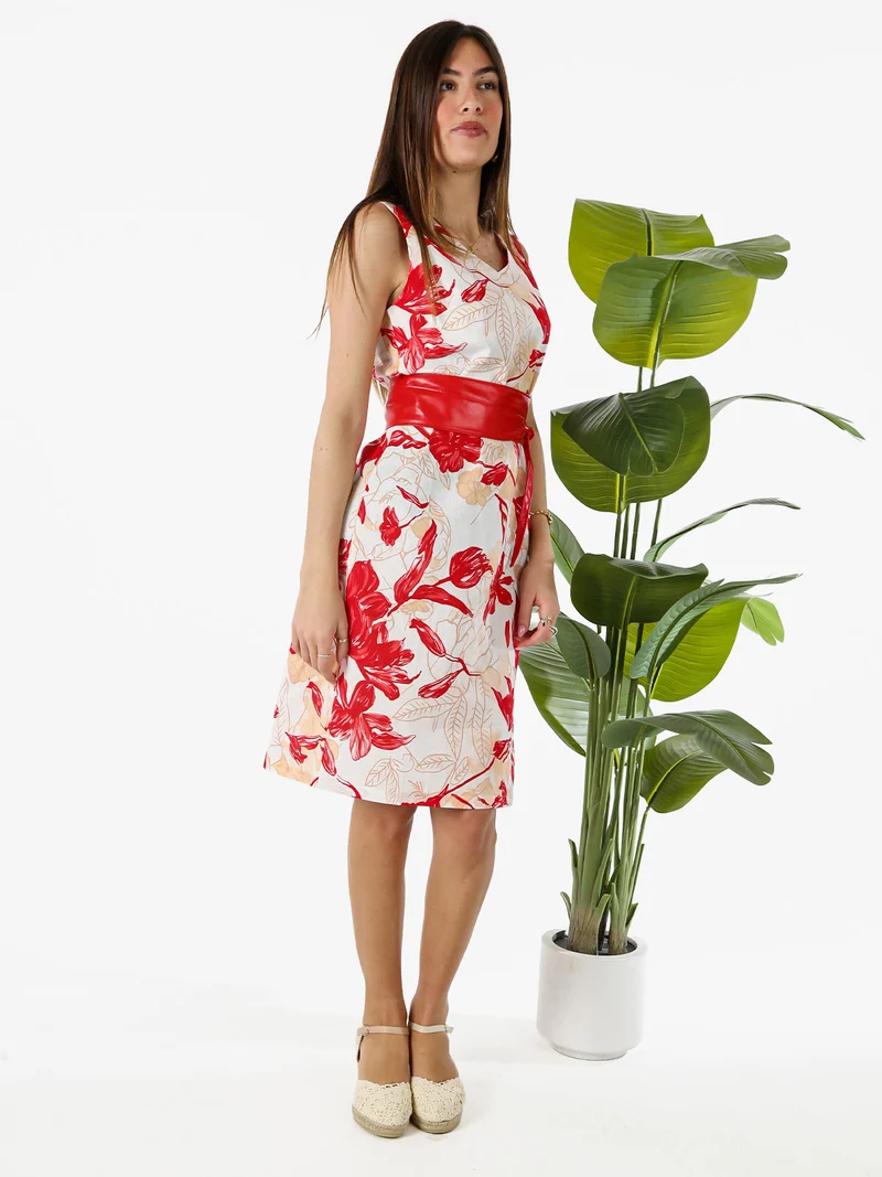 Vestito donna a tubino senza maniche con stampa floreale - rosso
