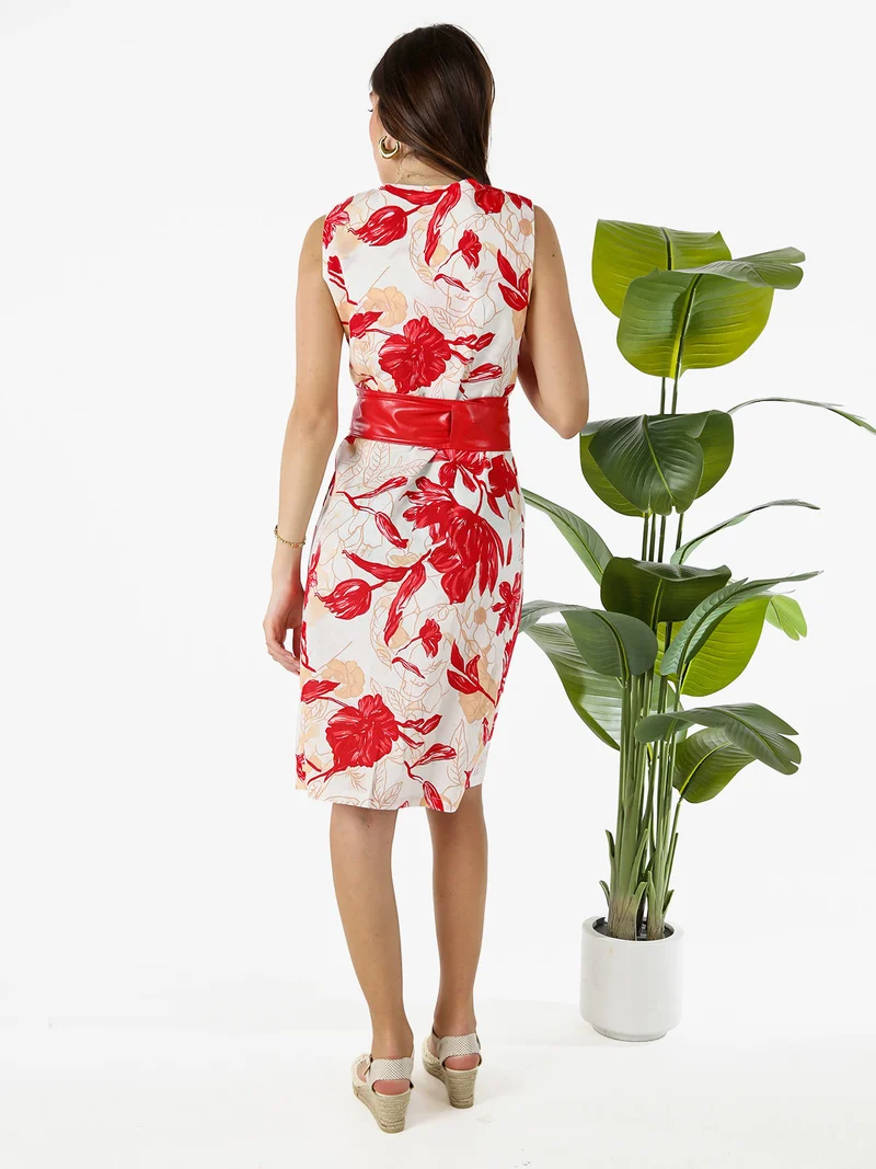 Vestito donna a tubino senza maniche con stampa floreale - rosso