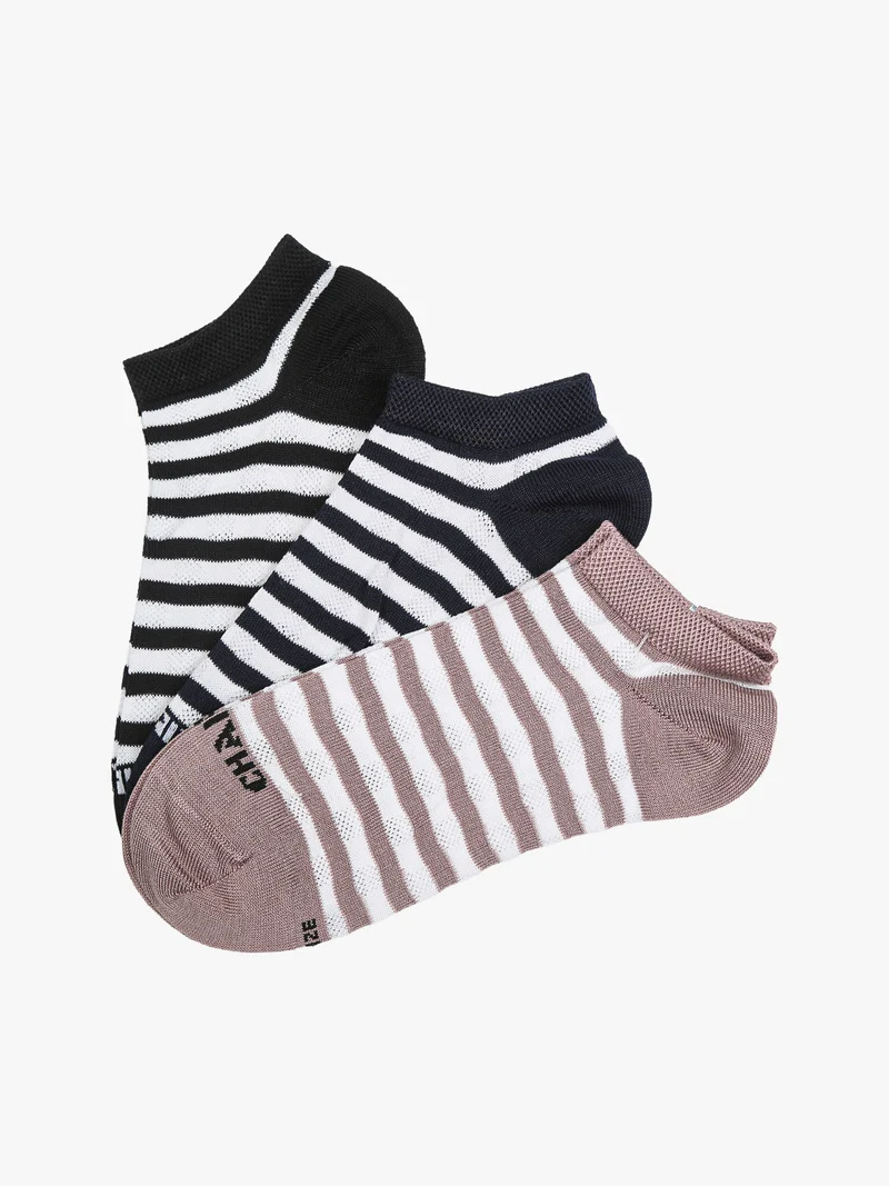 Confezione da 3 paia di calze sneakers a righe da donna in cotone - blu scuro