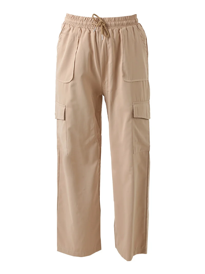 Pantaloni donna a gamba larga con tasconi laterali e coulisse - khaki