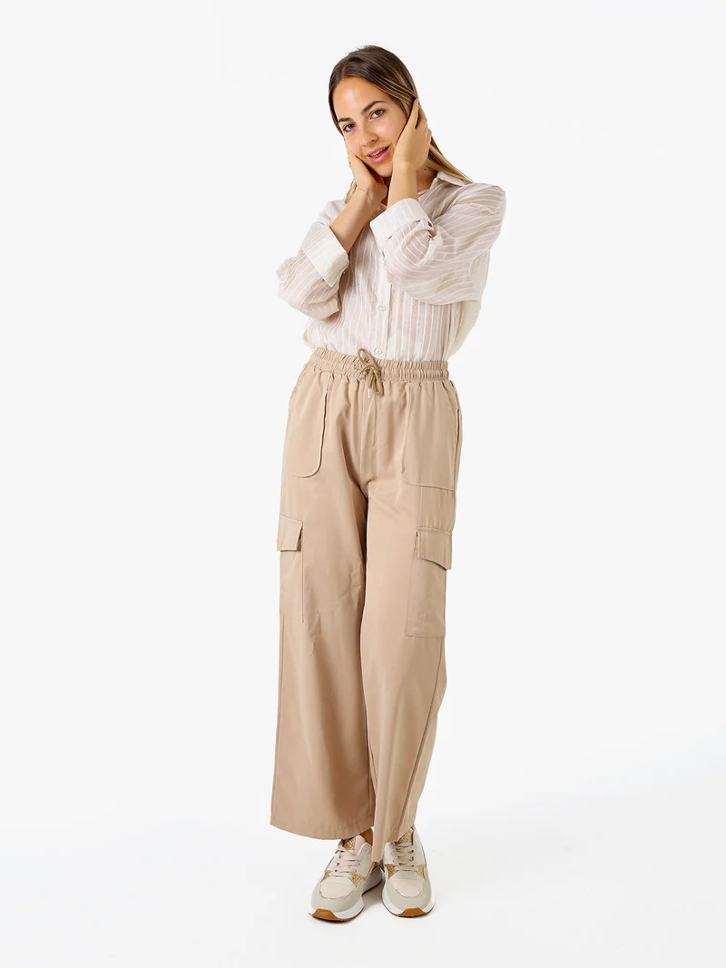 Pantaloni donna a gamba larga con tasconi laterali e coulisse - khaki