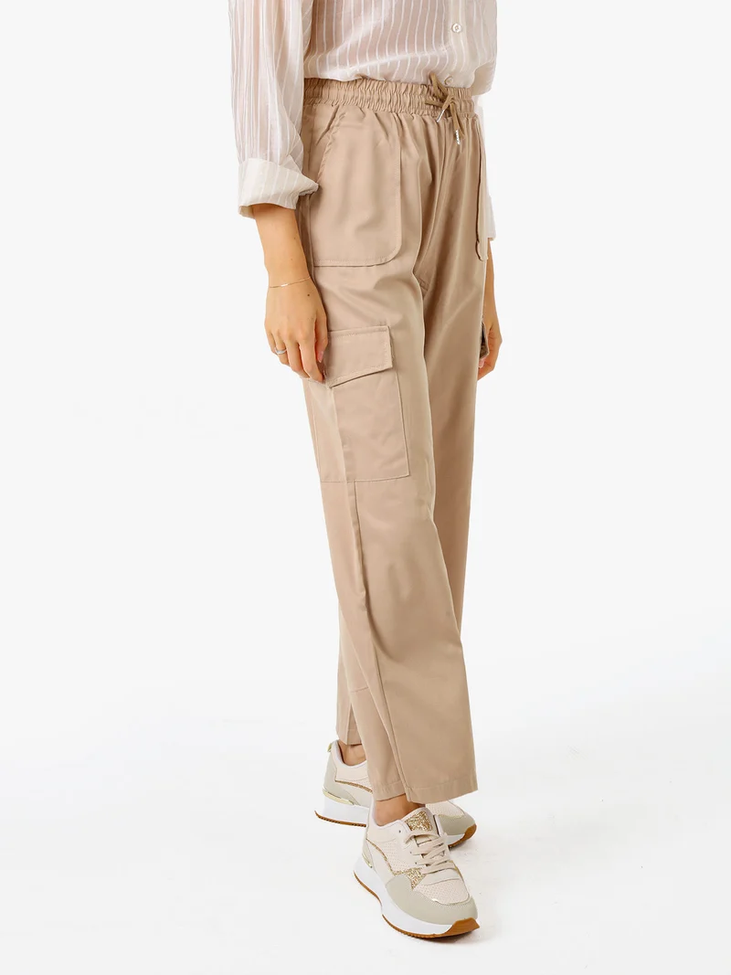 Pantaloni donna a gamba larga con tasconi laterali e coulisse - khaki