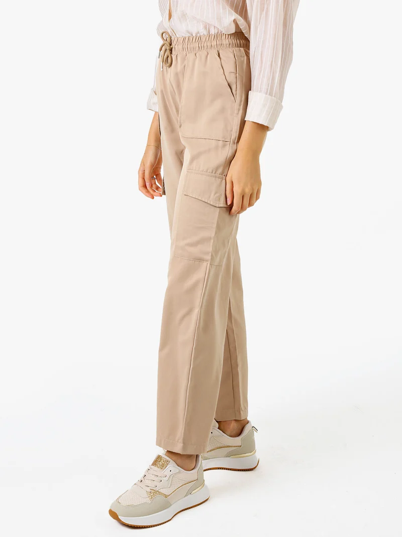 Pantaloni donna a gamba larga con tasconi laterali e coulisse - khaki