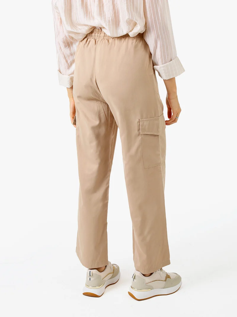 Pantaloni donna a gamba larga con tasconi laterali e coulisse - khaki