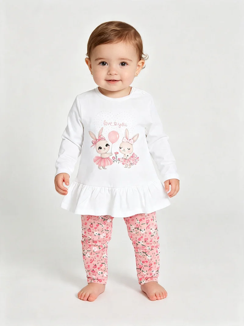 Completo 2 pezzi da neonata con leggings floreali - bianco