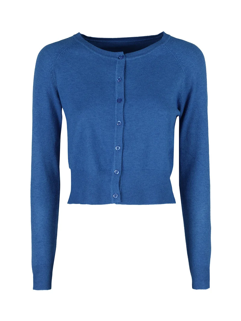 Cardigan donna in maglia con scollo tondo - blu