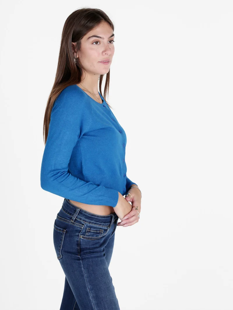 Cardigan donna in maglia con scollo tondo - blu