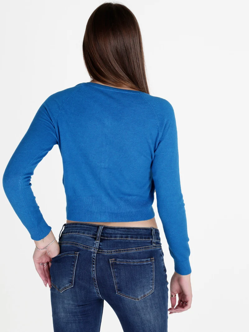 Cardigan donna in maglia con scollo tondo - blu