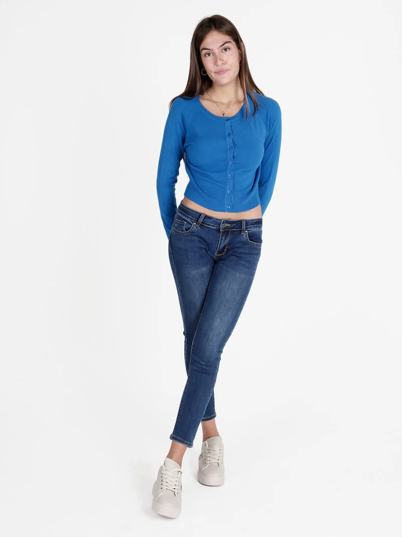 Cardigan donna in maglia con scollo tondo - blu