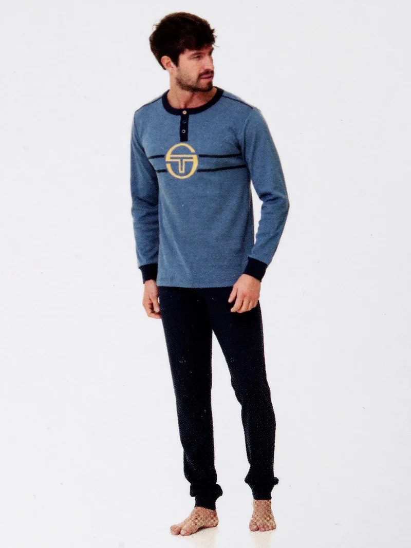 Pigiama lungo da uomo in cotone interlock con logo - blu