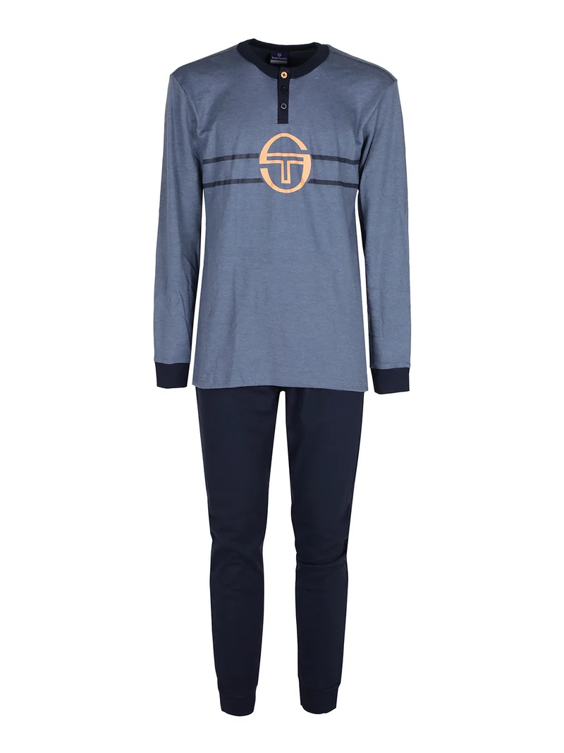 Pigiama lungo da uomo in cotone interlock con logo - blu