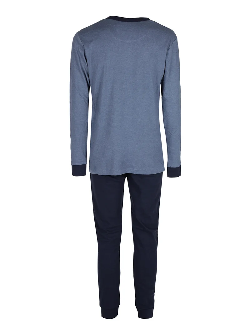 Pigiama lungo da uomo in cotone interlock con logo - blu