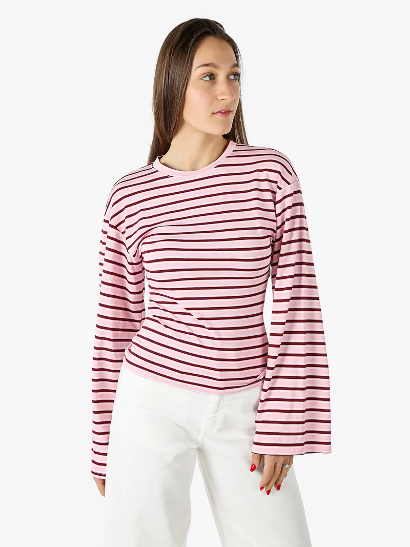 Maglia rigata da donna con maniche lunghe a campana - rosa