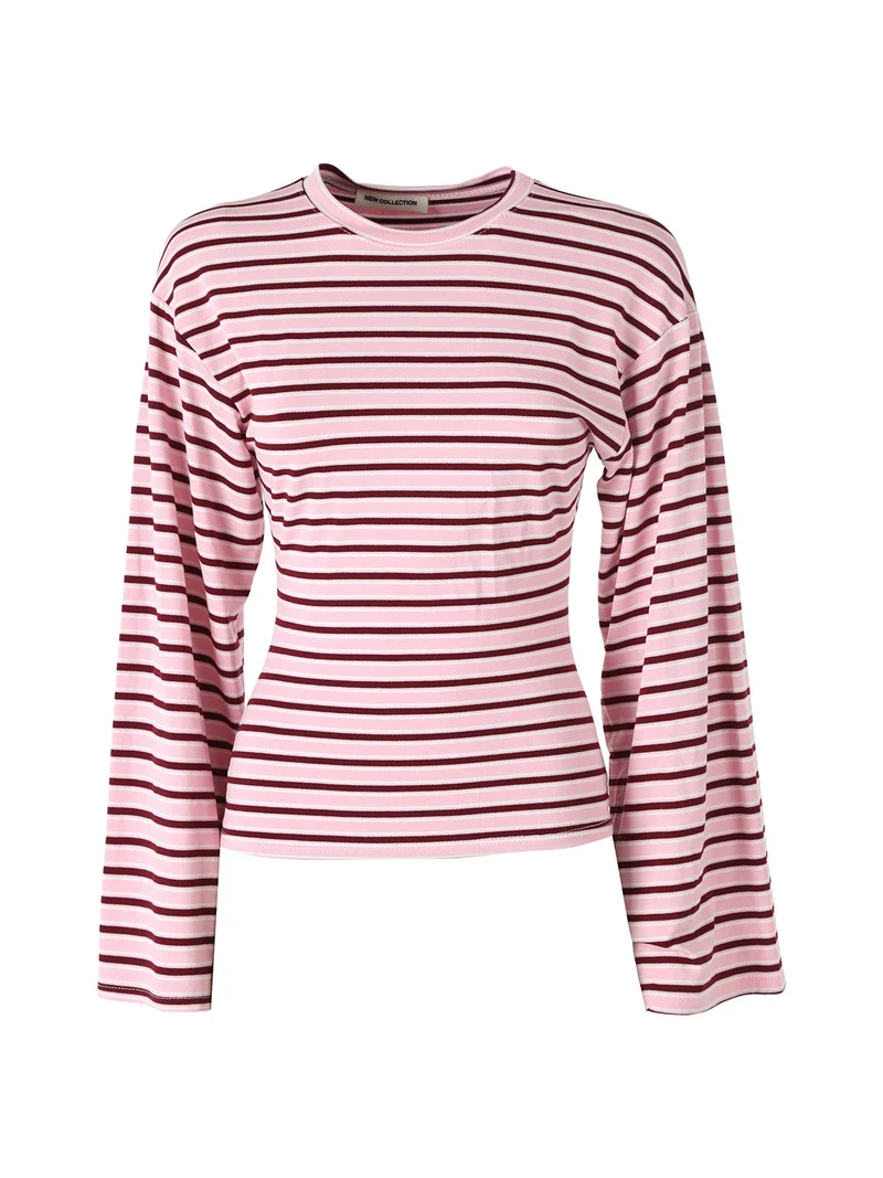 Maglia rigata da donna con maniche lunghe a campana - rosa