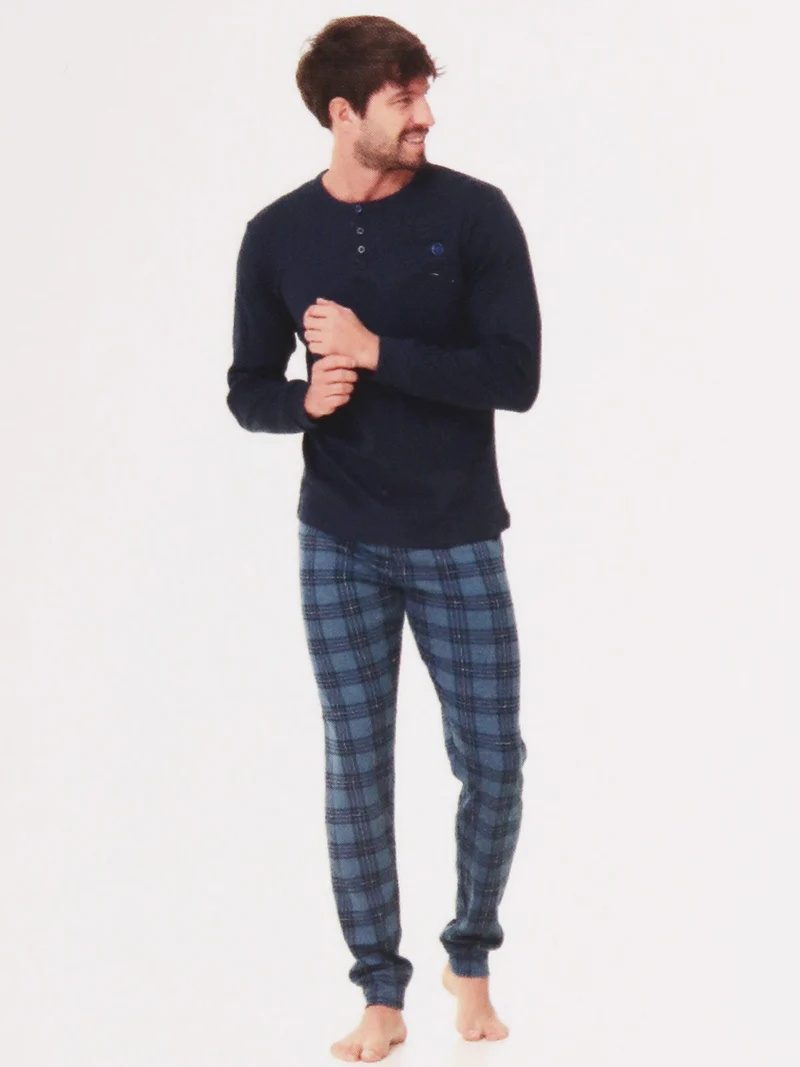 Pigiama lungo da uomo in cotone interlock con pantaloni a quadri - blu scuro