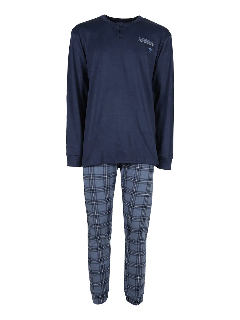 Pigiama lungo da uomo in cotone interlock con pantaloni a quadri - blu scuro