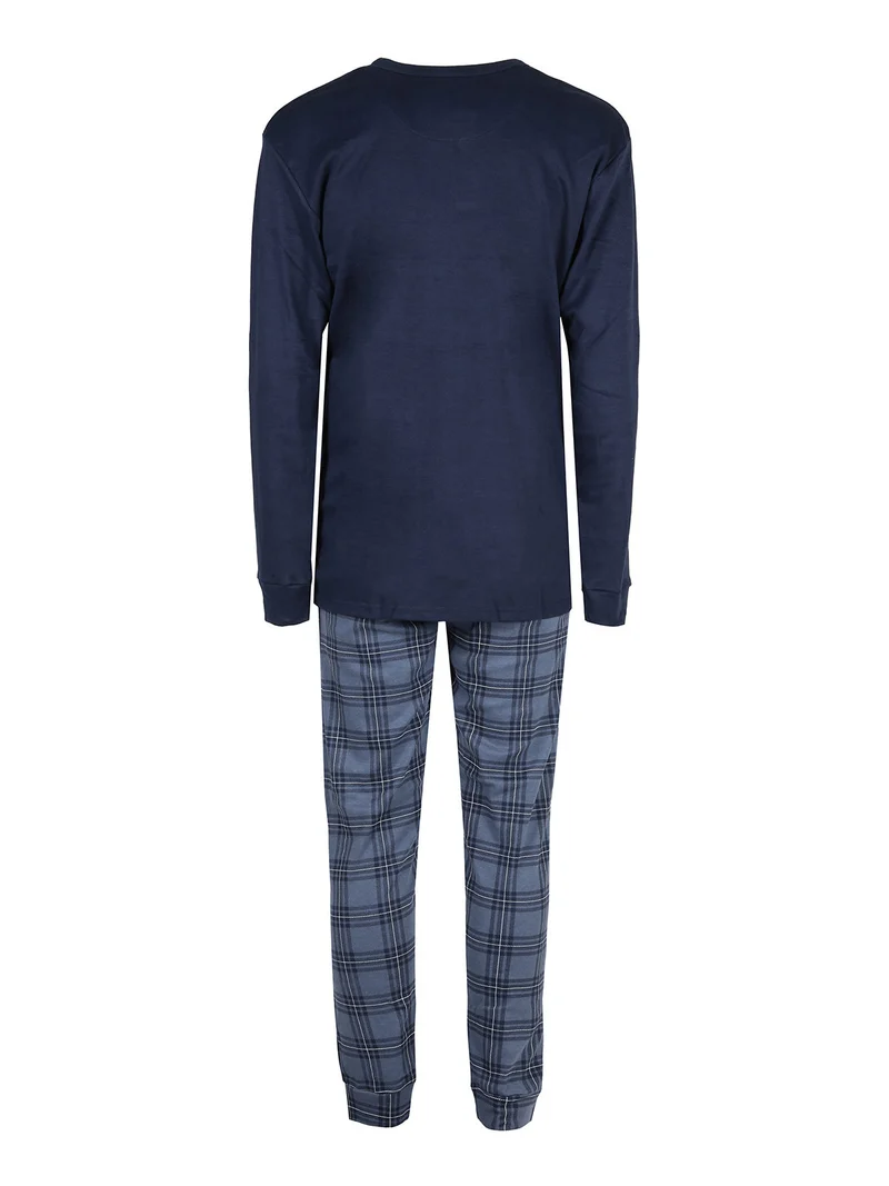 Pigiama lungo da uomo in cotone interlock con pantaloni a quadri - blu scuro