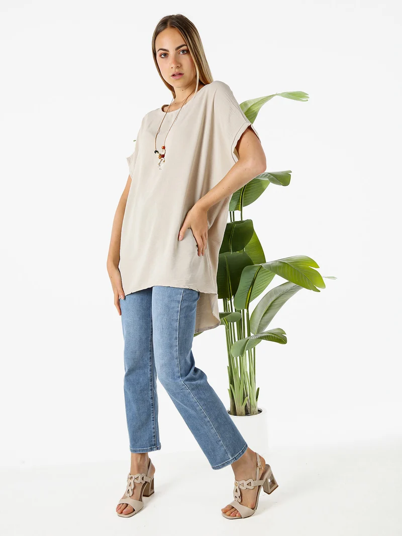 Maxi blusa da donna a maniche corte - beige