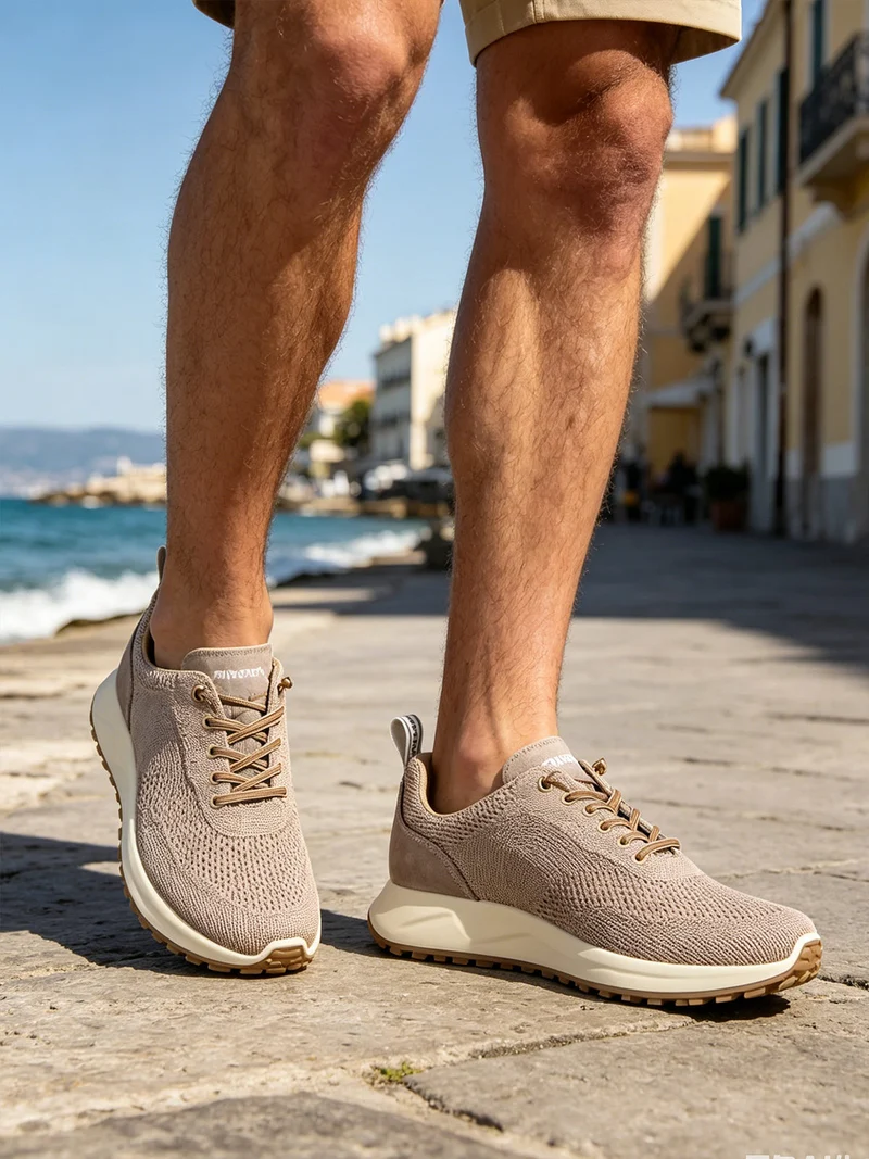 Sneakers da uomo in maglia con plantare in pelle e lacci elastici - fango