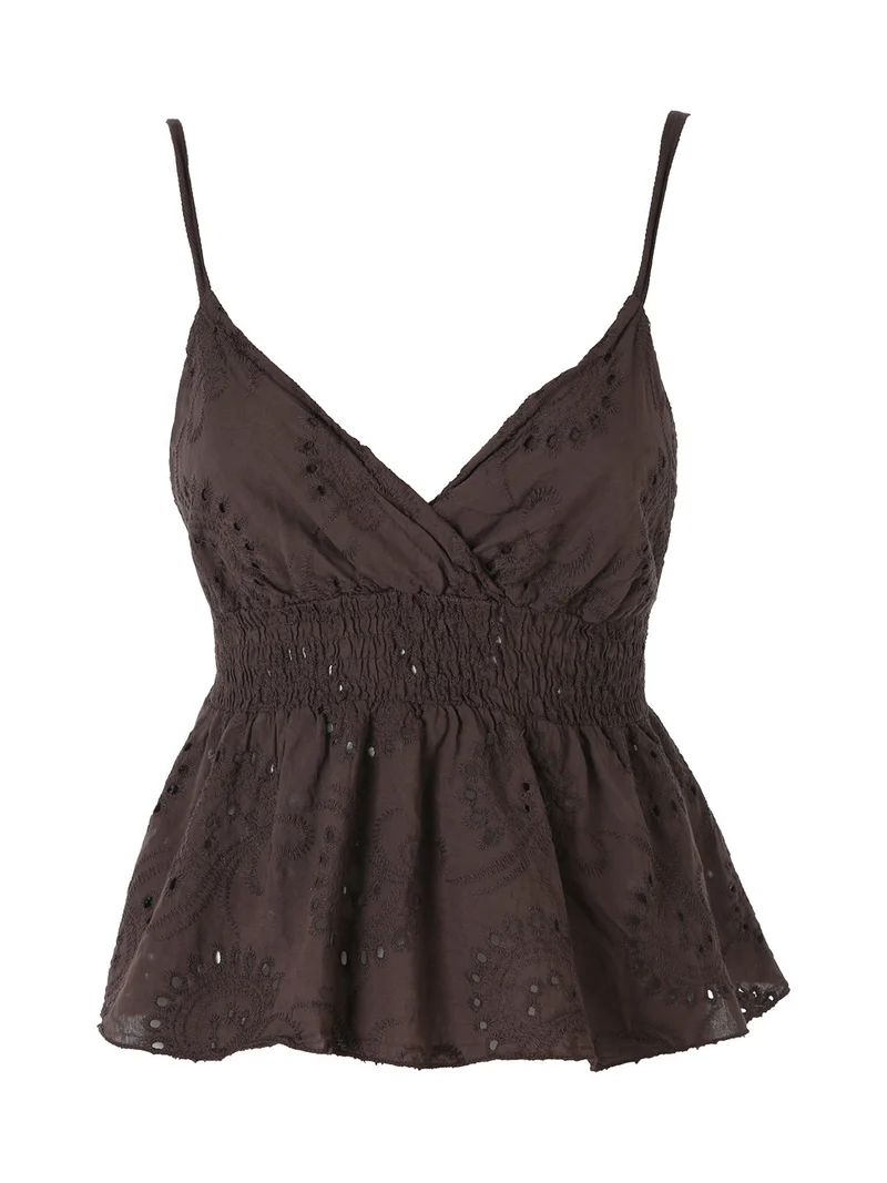 Top donna in cotone con dettagli macramè con spalline sottili - moro