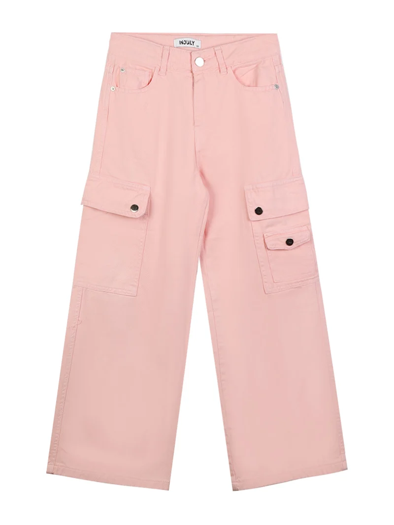 Pantaloni da ragazza a gamba larga con tasconi - rosa