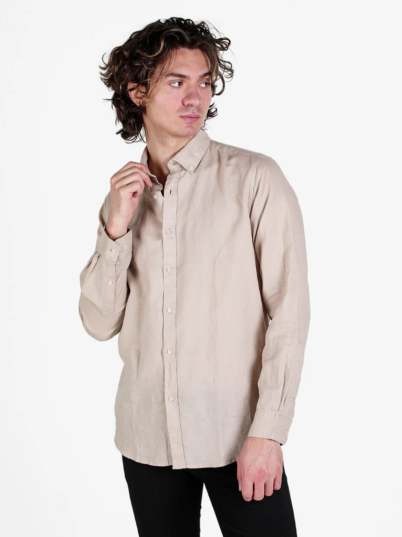 Camicia da uomo in misto lino a maniche lunghe - khaki