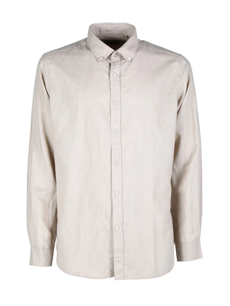 Camicia da uomo in misto lino a maniche lunghe - khaki