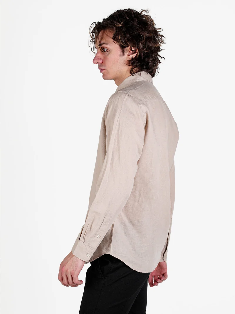 Camicia da uomo in misto lino a maniche lunghe - khaki