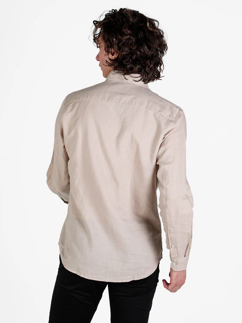 Camicia da uomo in misto lino a maniche lunghe - khaki