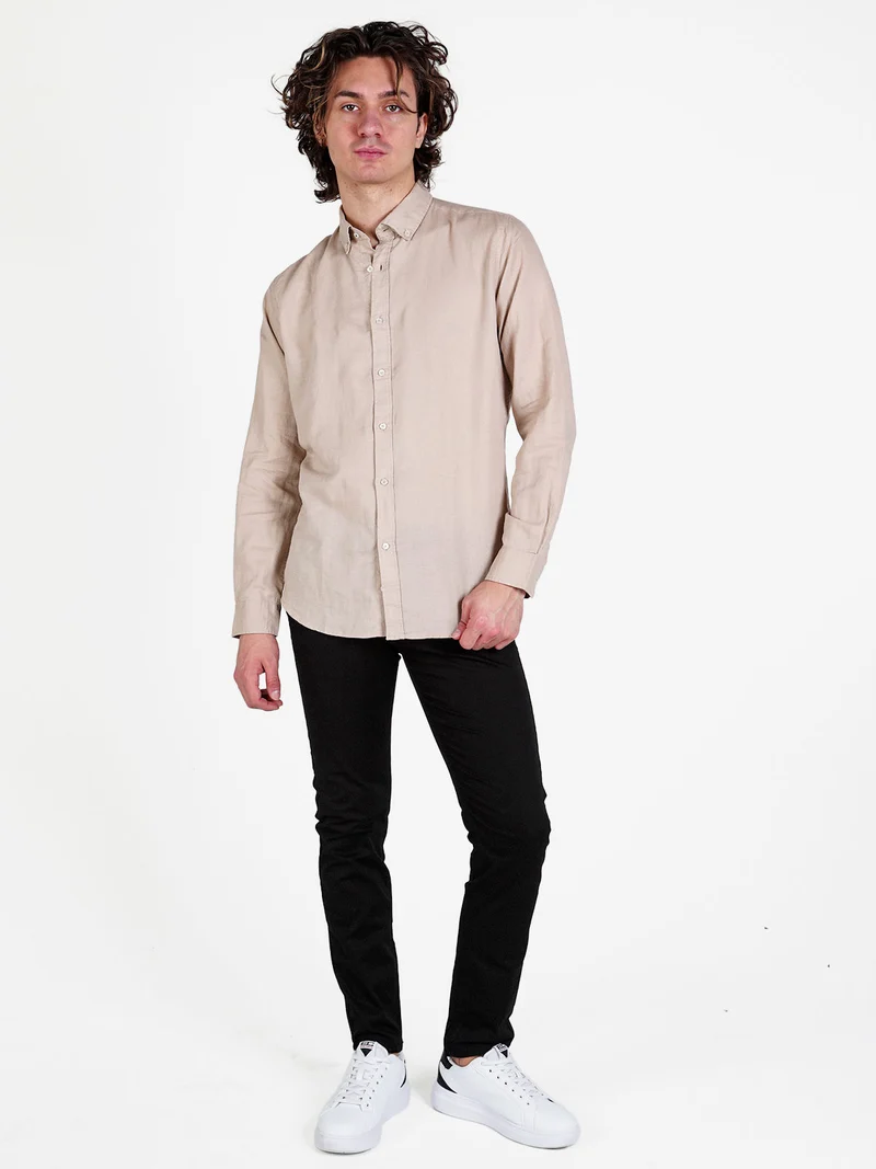 Camicia da uomo in misto lino a maniche lunghe - khaki