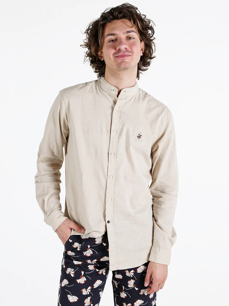 Camicia da uomo alla coreana in misto lino e cotone - beige
