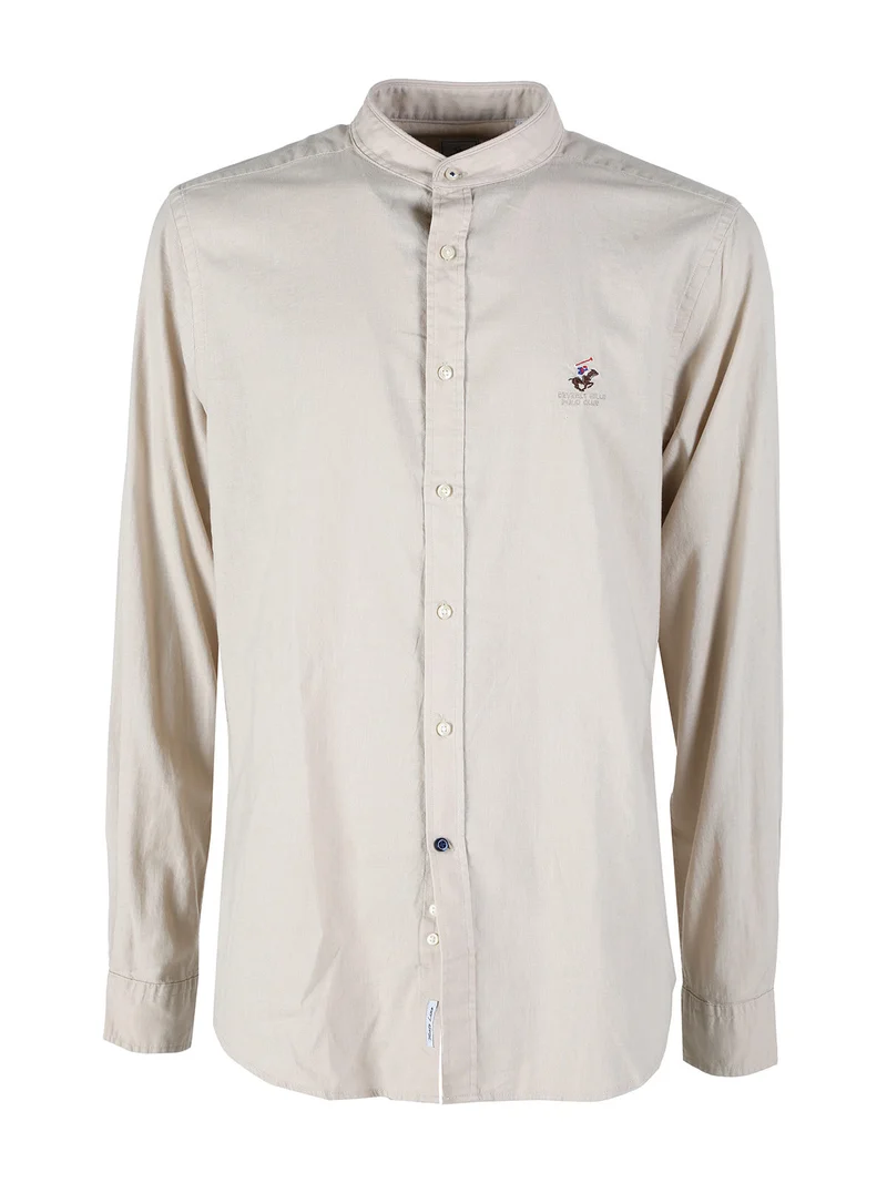 Camicia da uomo alla coreana in misto lino e cotone - beige