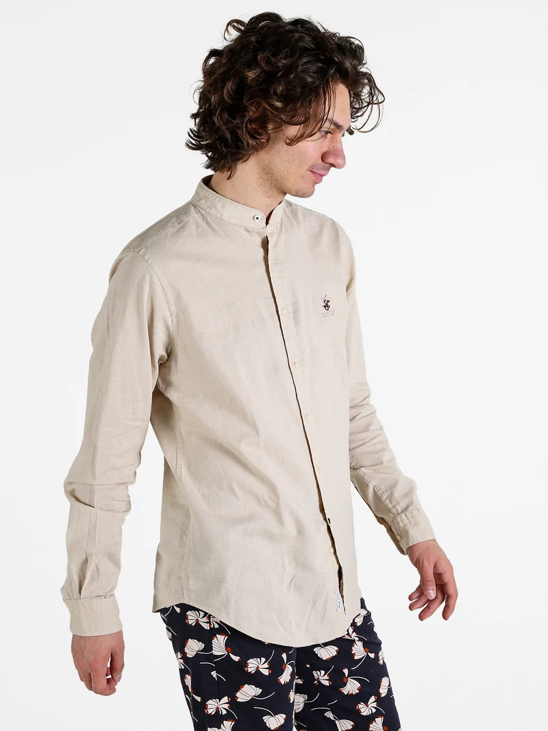 Camicia da uomo alla coreana in misto lino e cotone - beige