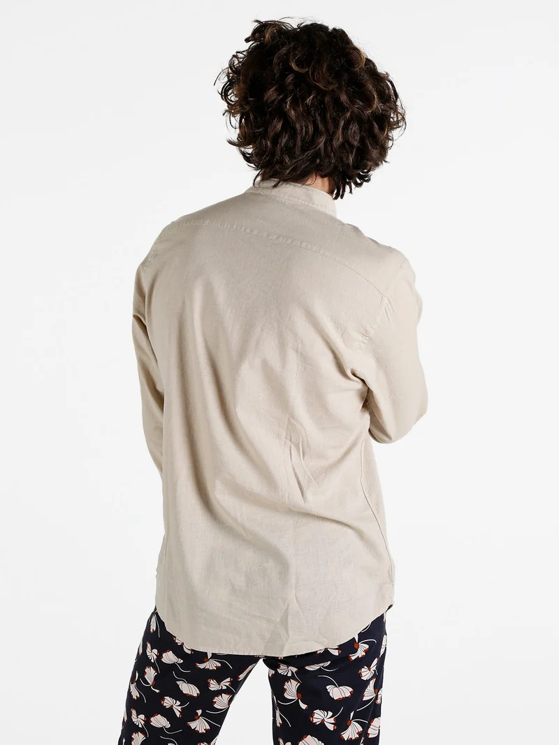 Camicia da uomo alla coreana in misto lino e cotone - beige