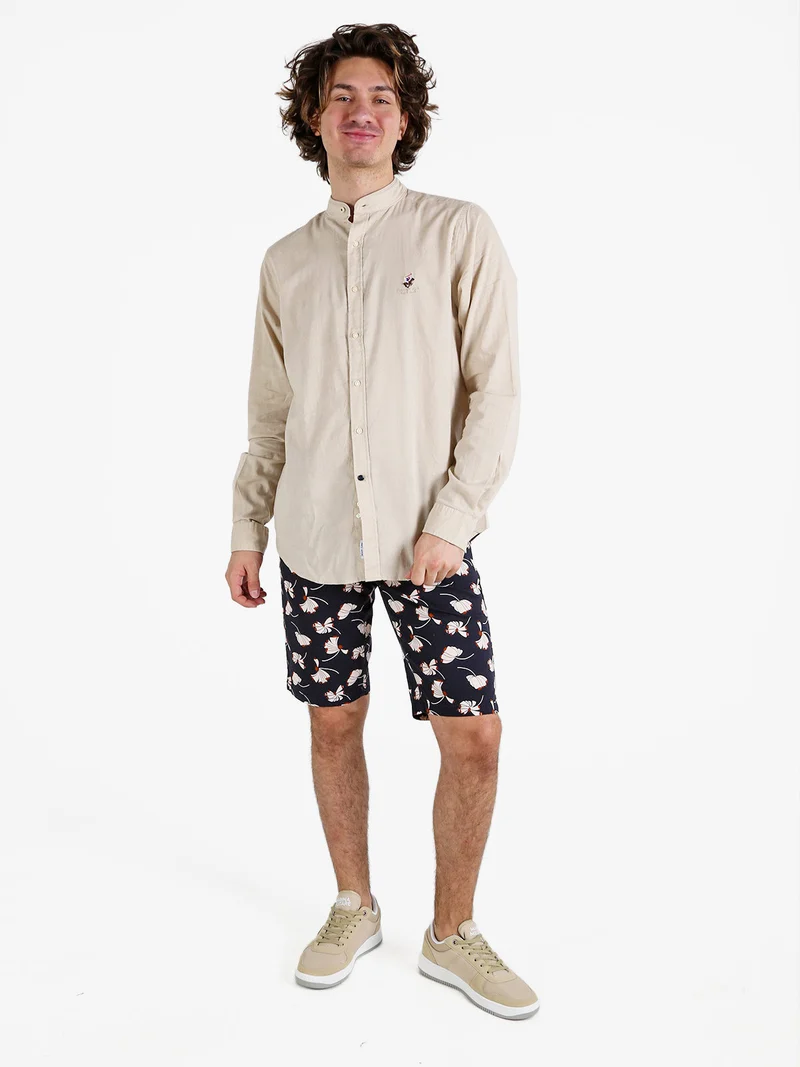Camicia da uomo alla coreana in misto lino e cotone - beige