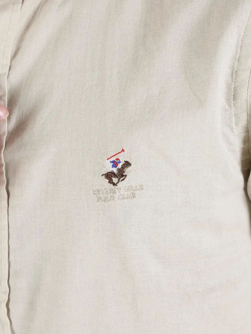 Camicia da uomo alla coreana in misto lino e cotone - beige