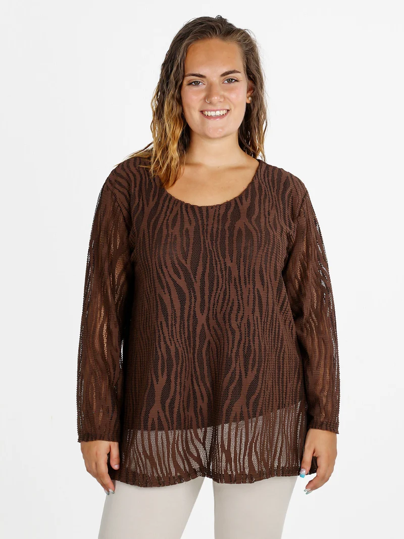 Blusa donna ricamata a maniche lunghe - marrone