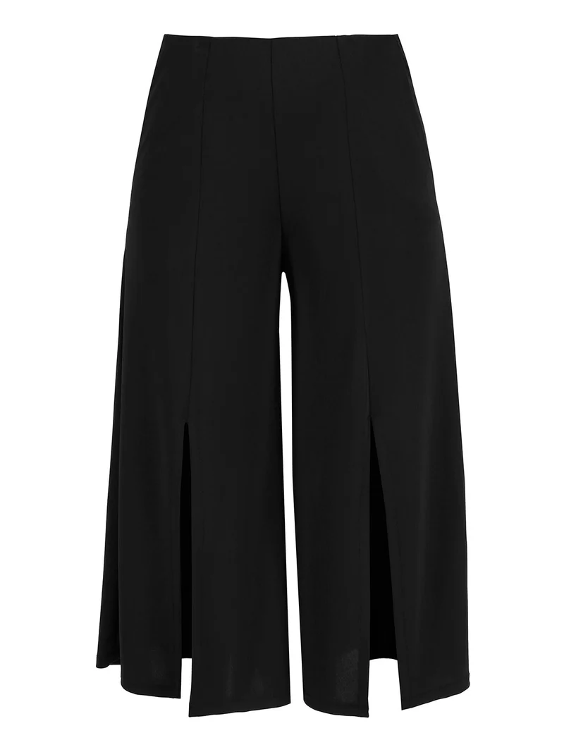 Pantaloni donna a gamba larga con spacco centrale - nero