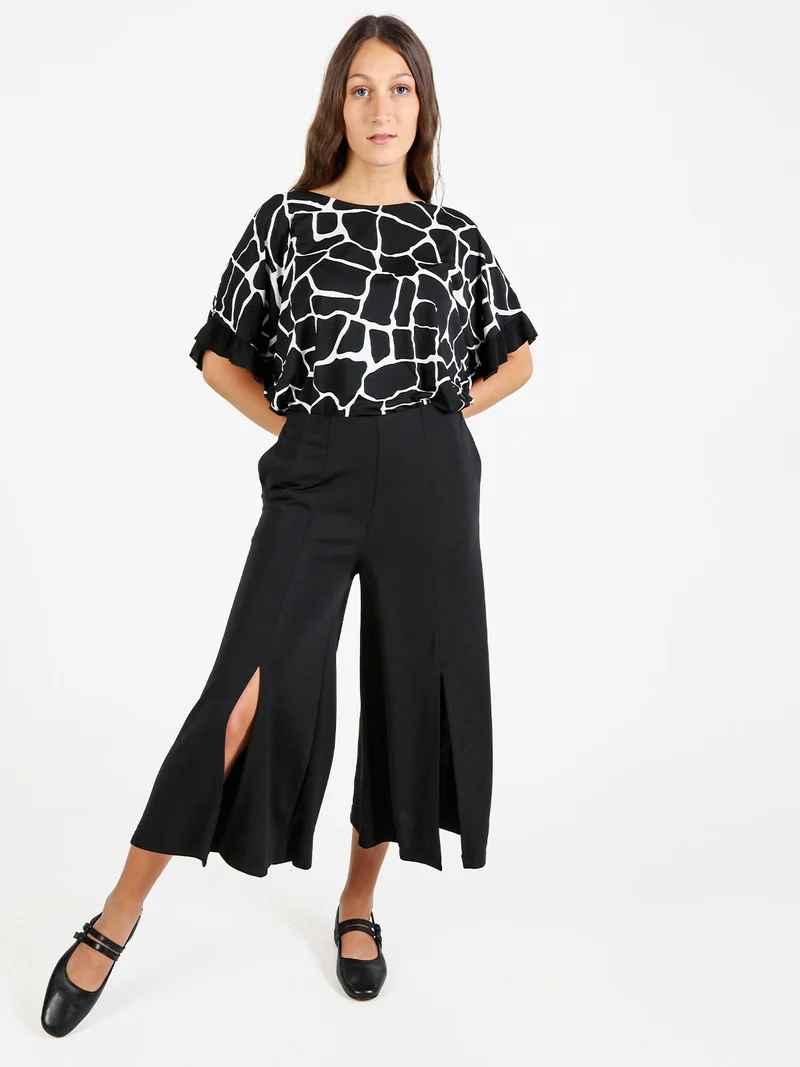 Pantaloni donna a gamba larga con spacco centrale - nero
