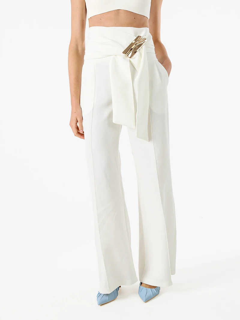 Pantaloni eleganti da donna a vita alta con dettaglio - bianco