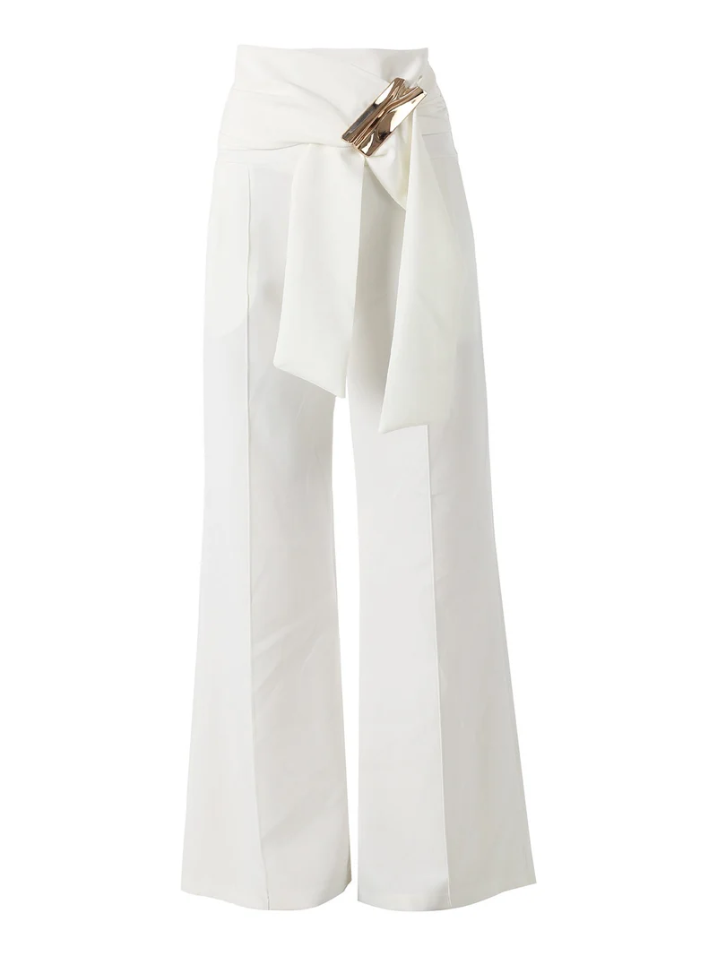 Pantaloni eleganti da donna a vita alta con dettaglio - bianco