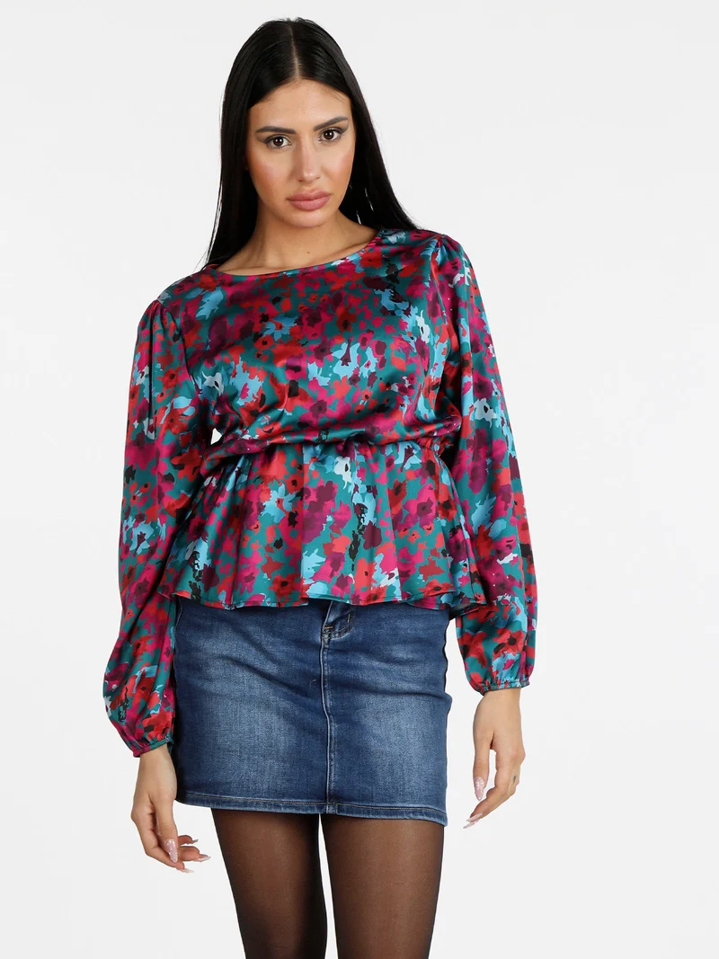 Blusa donna a maniche lunghe con stampa - turchese